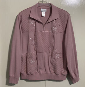 Alfred Dunner Womens Sweatshirt Floral Embroidered Sequins Pink 1/4 Zip Size XL