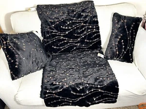 Aviva Stanoff Black w/ Rose Gold Sequin MilkyWay Blanket 2 Pillow set, MSRP $799 - Picture 1 of 12