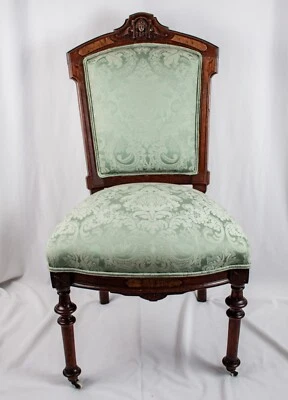 Grandpa Antique 1888's Mahogany Red Wood Green Paisley Upholstery Fabric Chair - Image 1 of 4