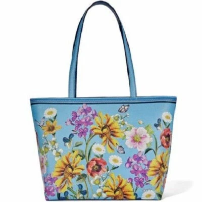 NWTag Brighton Blossom Hill Garden EVERLY Large Tote Floral Blue Leather    $395 - Image 1 of 3