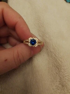 Beautiful Gold Plated Ring With Blue Round Cut Square Halo of Clear crystals - Picture 1 of 4
