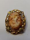 Antique Real Shell Carved Cameo Brooch Pin Ornate Setting Jewelry Lady Woman