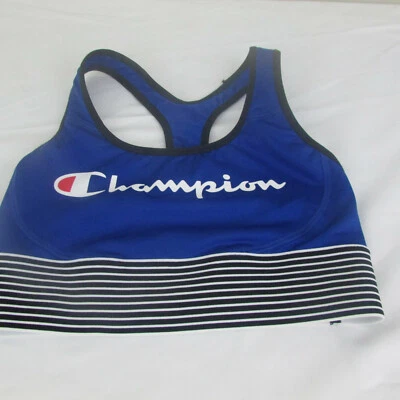 Sujetador deportivo Champion para mujer pequeño azul negro deletreado Foto 1 de 4