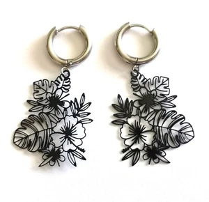 Pendientes boho punk tropicales florales negros de acero inoxidable plateados para mujer - Imagen 1 de 7