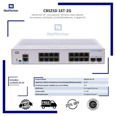 Cisco Refresh  CBS250-16T-2G 16 Port Gigabit Ethernet Switch- Same Day Shipping - Image 1 of 2