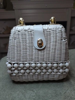 VTG White Coated Wicker Purse with Pearl Lucite Handle 1960's - Image 1 of 4