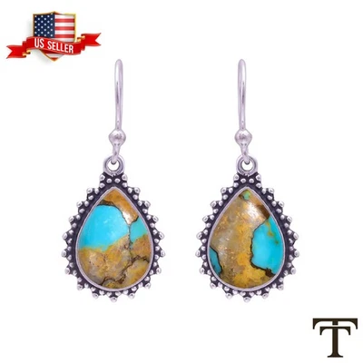 Oferta Black Friday 925 Plata de Ley TURQUESA Piedra Pendientes Colgantes Joyería Foto 1 de 4