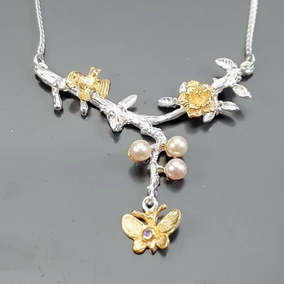 Handmade Natural Pearl Necklace 925 Sterling Silver 17.5"/N26434 - Image 1 of 4