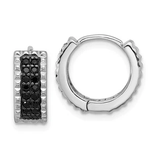 Sterling Silver Rhodium-plated Studded Black Spinel Hinged Hoop Earrings 4.01gm - Picture 1 of 4