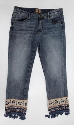 Pantalones de mezclilla Driftwood Colette para mujer 31 azules boho bordados borla recortados Foto 1 de 4