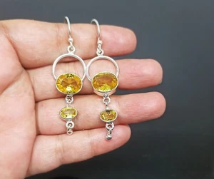 Women's Earring Lemon Quartz Gemstone 925 Sterling Silver Handmade Jewelry - 2" - Picture 1 of 3