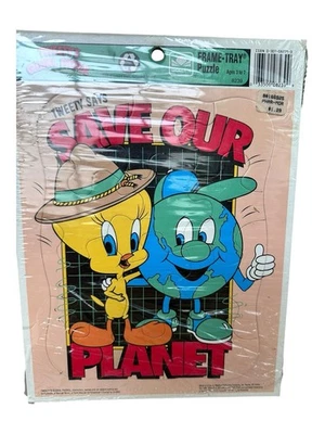 Vintage 1993 Tweety Bird Save Our Planet Earth 12 Piece Golden Frame Tray Puzzle - Image 1 of 4