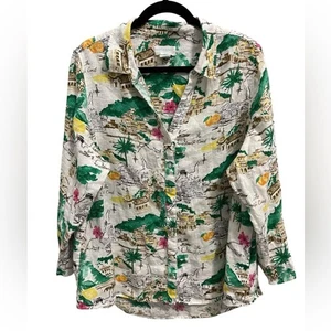 Cynthia Rowley Top Amalfi Leinen Resort Küste Oma Retro Strand Knopf 1X #EO - Bild 1 von 9