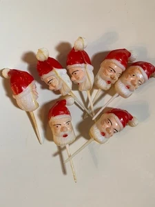 7 Vintage Christmas SANTA Head Cupcake Cake Plastic Picks 70s - Picture 1 of 2