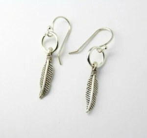 Feather Charm Earrings tiny dangle 925 sterling silver hooks pewter charms 1" - Picture 1 of 7