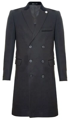 Mens 3/4 Black Long Double Breasted Crombie Overcoat Wool Coat Peaky Blinders - Image 1 of 4