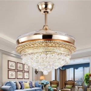 Luxury 42" Gold Crystal LED Chandelier Light Invisible Ceiling Fan Lighting Lamp - Picture 1 of 12
