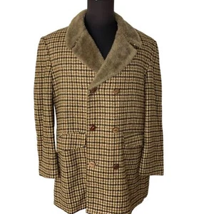 Cresco Vtg Heavy Flannel Wool Coat Plaid Check Brown Faux Fur Collar Size 44 - Picture 1 of 12