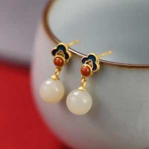 Vintage 14K Gold Filled White Jade Lucky Cloud Enamel Stud Earrings - Picture 1 of 10