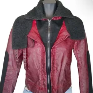 Princes Verá Wang Red Faux Leather & Wool Moto Jacket Black Fleece Collar Sz XL - Picture 1 of 24
