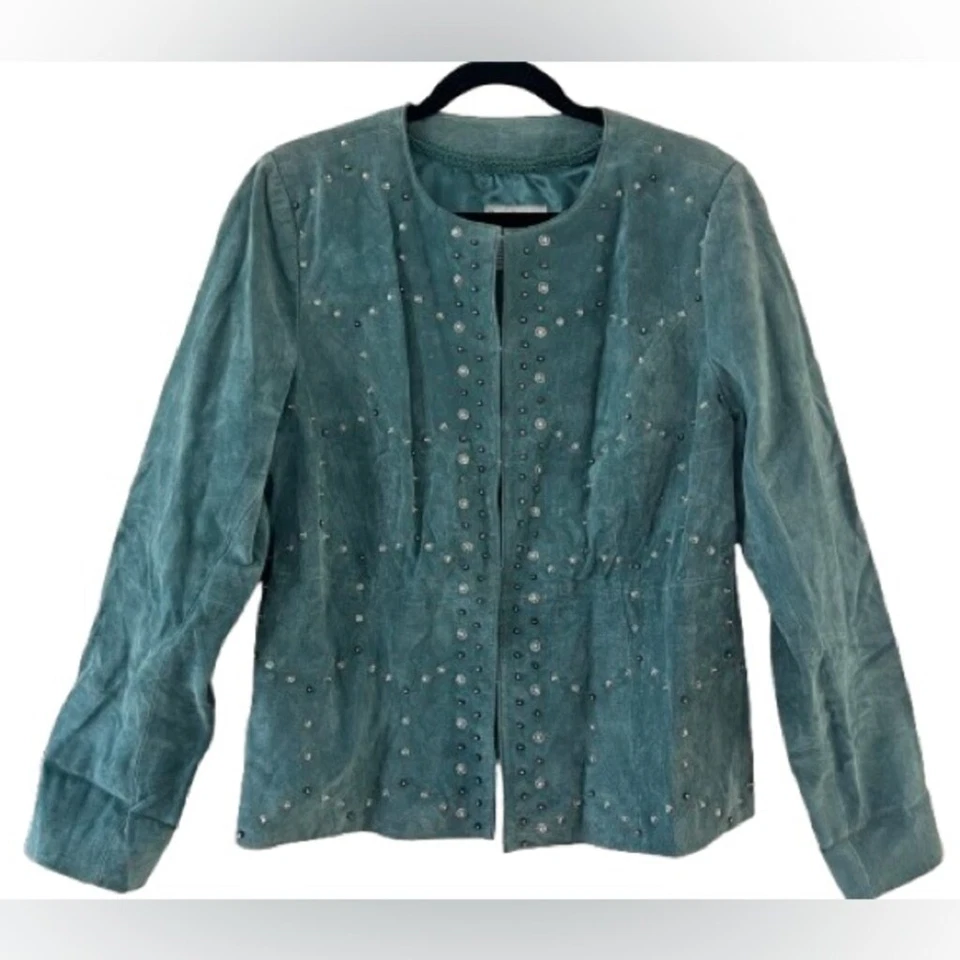 90-е Bradley Bayou бирюзовый замши кожаная куртка бисером спереди размер большой - Изображение 1 из 4