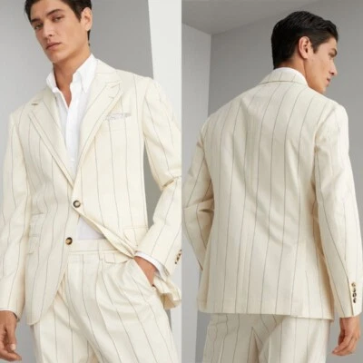 Best Groom Men Beige Striped Suits Slim Fit 2 Piece Single-breasted Wedding Suit - Image 1 of 4