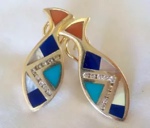 Heavy 14K Yellow Gold Inlay Gemstone Diamond Earrings - 10.83 gms, 1.08 inch - Picture 1 of 14
