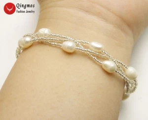 Pulsera de cristal y perlas de arroz blanco tejidas a mano de 5-6 mm para mujer joyería br431 - Imagen 1 de 6