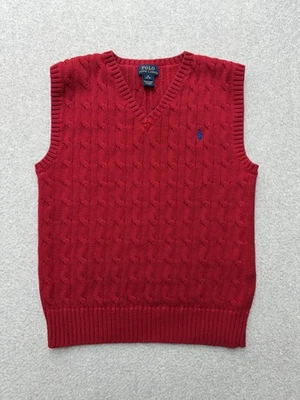 Polo Ralph Lauren Sweater Vest Boys Medium 10-12 Red Cable Knit V Neck Blue Pony - Image 1 of 4