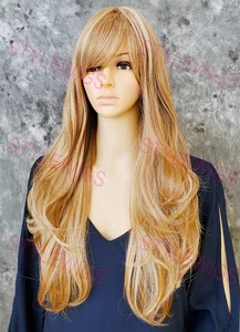 Light Blonde Mix Long Layered Body Wavy Heat Safe Human Hair Blend Wig EVAJ - Picture 1 of 8
