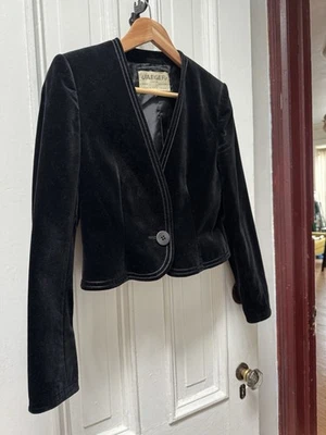 Винтажный черный хлопок бархата Jaeger куртка Sz 8 сделано в Великобритании - Изображение 1 из 4