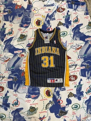 Camiseta deportiva vintage Champion auténtica Indiana Pacers Reggie Miller azul marino a rayas Foto 1 de 4
