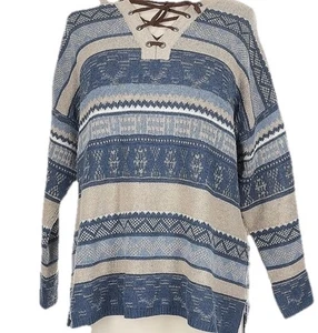 Chaps Western Tribal Lace Up Neckline Sweater Women’s XL Blue Multicolor NWT - Picture 1 of 4