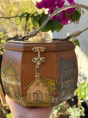 Vintage 1960's Wooden Box Purse With Decoupage Old Downtown Decor - Image 1 of 4