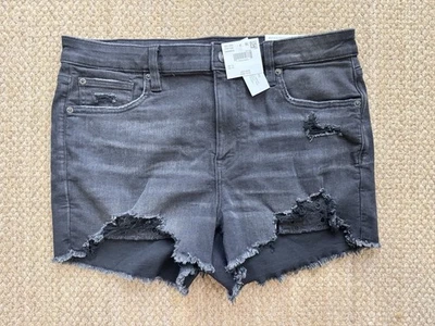 NWT American Eagle Black Denim Hi-Rise Shortie Shorts Frayed Hem Sz 14 - Image 1 of 4