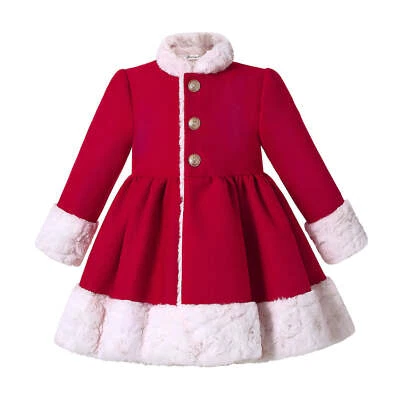 Christmas Girls Party Warm Dress Coat Winter Parka With Faux Fur Outwear Red US - Image 1 of 4