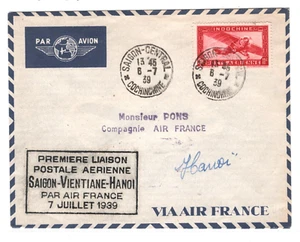 INDOCHINA Air Mail Cover AIR FRANCE FIRST FLIGHT Saigon-Hanoi 1939 MA1497 - Picture 1 of 12