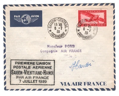 INDOCHINA Air Mail Cover AIR FRANCE FIRST FLIGHT Saigon-Hanoi 1939 MA1497 - Image 1 of 4