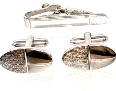 Shields 复古袖扣 领带条夹套装 银色 椭圆形 复古 MCM 签名 — 第 1/4 张图片