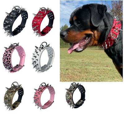 Dog Collar, Sharp Spikes Spike Rivet, Adjustable Faux Leather, 2" wide, S M L XL - Image 1 of 4