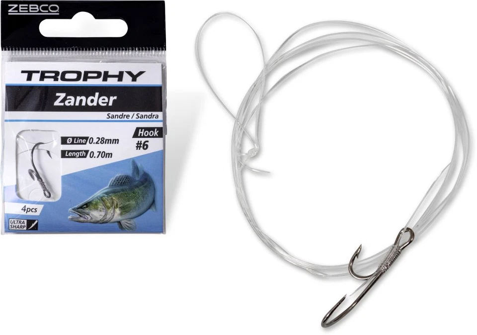 Zebco Trophy Zander gebundene Haken Vorfach Raubfisch Köderfisch Ryder Zwilling