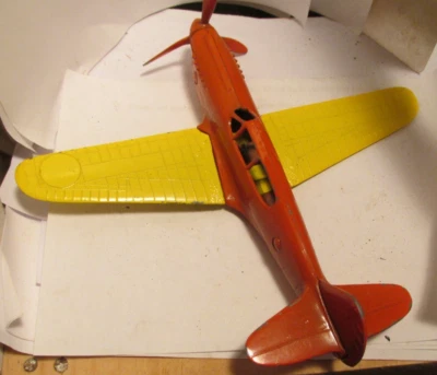 vintage metal Hubley P-40 jet airplane orange & yellow very nice 7 1/2" lg - Image 1 of 3
