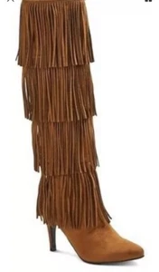 NEW! Women's Plume by Faryl Robin Tonya Tall Fringe Boots - Cognac (Brown/Tan) - Picture 1 of 2