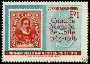 CHILE, STAMP OVER STAMP, FIRST STAMP PRINTED IN CHILE, YEAR 1968 - Picture 1 of 1