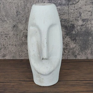 Rustic Nordic Style White Plaster Primitive 9 1/2" Ceramic Face Vase - Picture 1 of 9