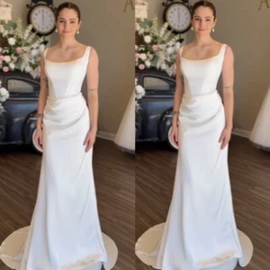 Satin Wedding Dresses Sleeveless Mermaid White Elegant Sweep Train Bridal Gowns - Picture 1 of 10