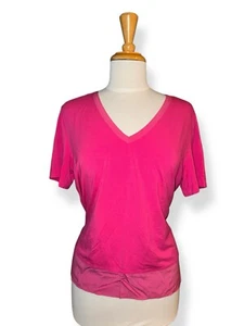 St. John Silk Trim Jersey Tee Top Short Sleeve V Neck Hot Pink size L New $195 - Picture 1 of 12