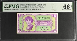 Military Payment Certificate 5 Cents 1958-1961 P M36 USA Gem UNC PMG 66 EPQ - Picture 1 of 3