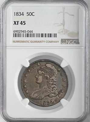 MEDIO DÓLAR BUSTO TAPADO 1834 50C NGC XF45 (FECHA LG/LETRAS LG) #6902945-044 Foto 1 de 4