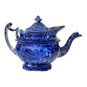 Antique Historical Staffordshire Blue Transferware Teapot - Benjamin Franklin - Picture 1 of 19